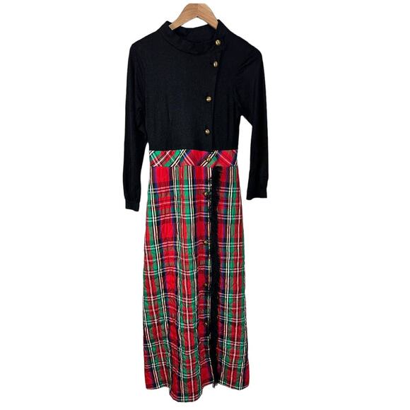 Vintage 60s 70s Maxi Dress Red Quilted Tartan Plaid Black Long Sleeve Christmas - Picture 11 of 12